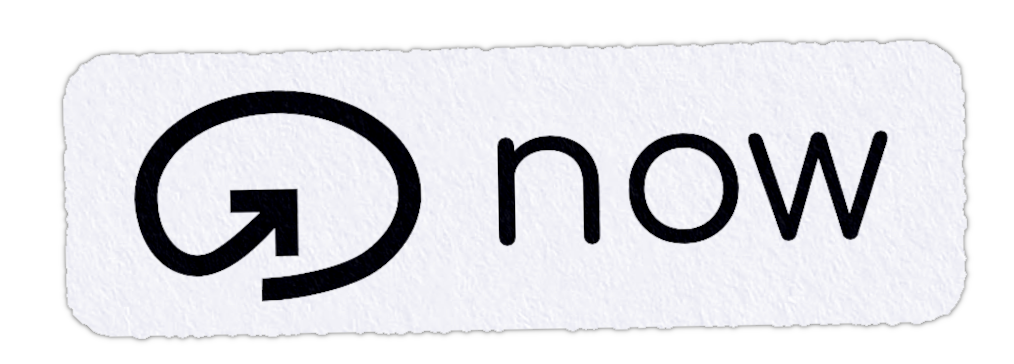 now’s logo, with a spiral-y arrow pointing inwards and the word “now” both printed on a worn sticker.