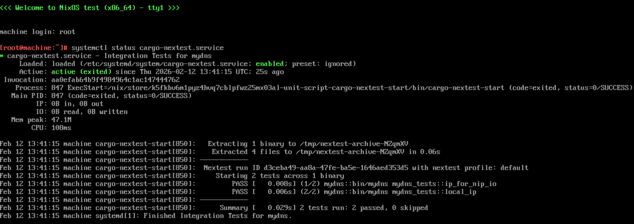 Logging into the QEMU virtual machine as root and running systemctl status cargo-nextest.service to see that our tests were successful.