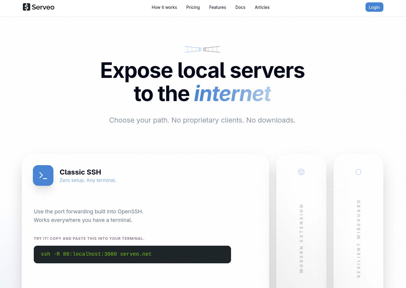 Uma screenshot da homepage do Serveo, com o slogan 'Exponha servidores locais à internet; Sem instalação, sem cadastro' e um comando simples de redirecionamento de porta reverso de SSH que ele sugere copiar e colar no terminal.